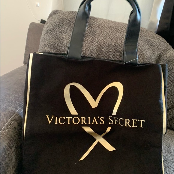 Victoria's Secret Handbags - Victoria's Secret Large Tote Bag Carryall Gold Heart Logo VS Black